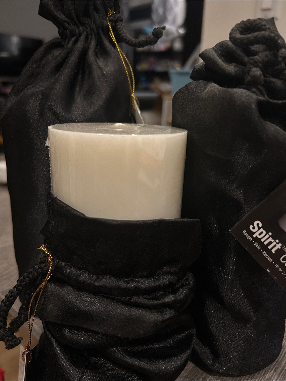 Spirit White Pillar Candle with Black Velvet Gift Pouches
